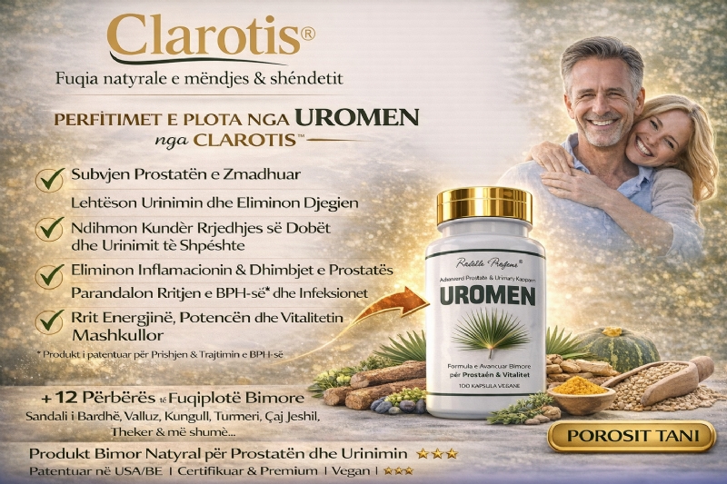 UROMEN suplement bimor nga CLAROTIS per prostate dhe vitalitet mashkullor, suplement meshkuj natyral, mbeshtetje urinare natyrale, prostate shendetshme natyrale, suplement per meshkuj aktiv, suplement per meshkuj me moshe mbi 35 vjec