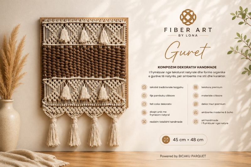 Punim Dekorativ me Tezgjah dhe Fije Pambuku, model Guret, realizuar nga Fiber Art by Lona, është një dekor mural premium që mund të vendoset në vila, ambiente moderne, studio kreative