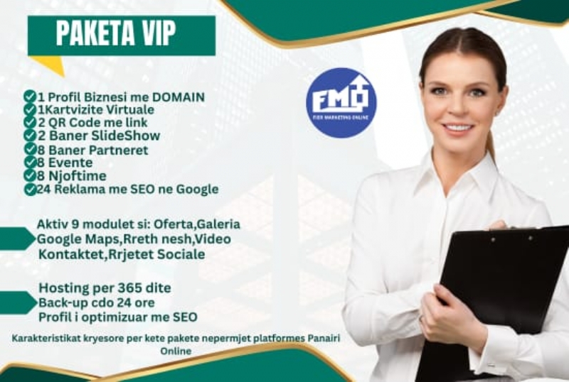 Paketa VIP me 24 reklama dhe Profil biznesi me domain në platformën Pana...
